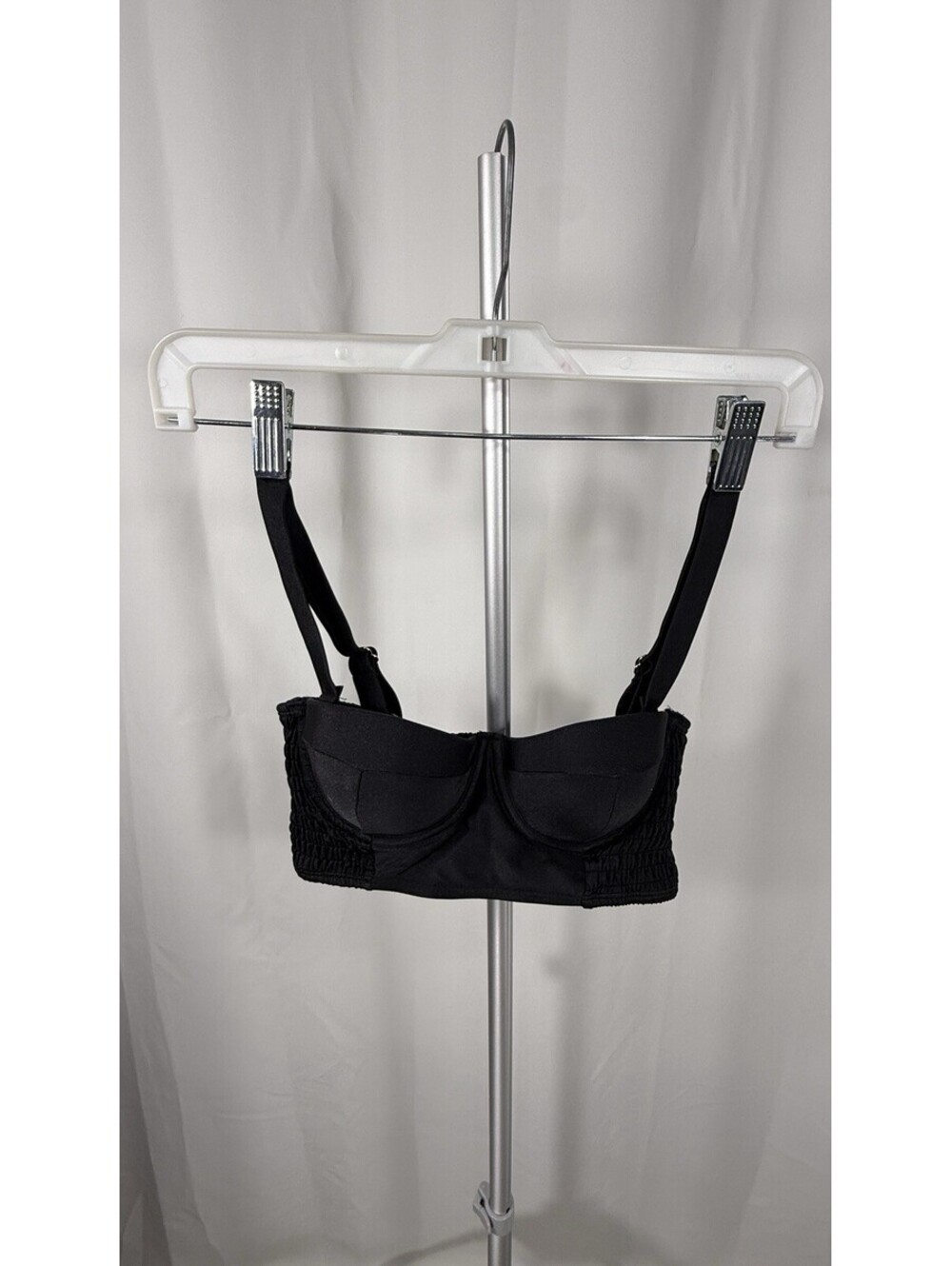 Betsey Johnson Bikini Top XS Black Smocked Underwire Bandeau Swim NWT UPF 50